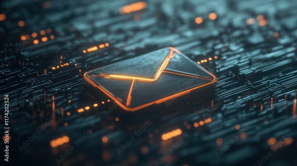 Aufkleber Futuristic Email Icon Illuminated with Neon Effects on a Digital Background Representing Modern Communication Technology and Digital Interaction