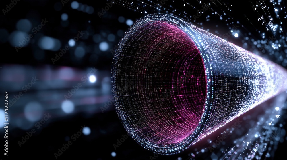 Aufkleber Abstract representation of a glowing digital tunnel with vibrant particles creating a sense of movement and depth in a futuristic environment