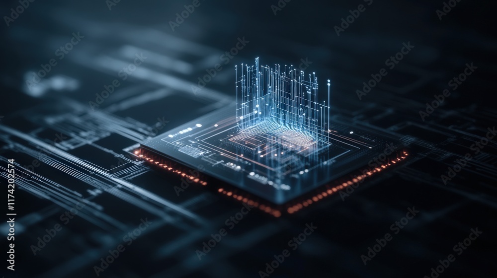 Poster Futuristic Circuit Board Concept with Microprocessor and Abstract Data Visualization for Technology and Innovation Themes in Digital Environments