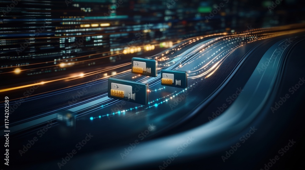 Aufkleber Futuristic Digital Interface Representing Data Transfer with 3D Devices on Moving Lines Symbolizing Speed and Modern Technology in a Night Cityscape