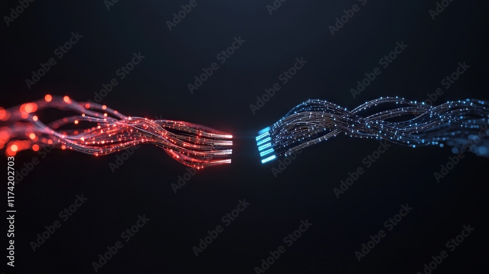 Poster Abstract Concept of Data Transfer with Luminescent Red and Blue Lines Intertwined in a Dark Background, Representing Connection, Technology, and Communication