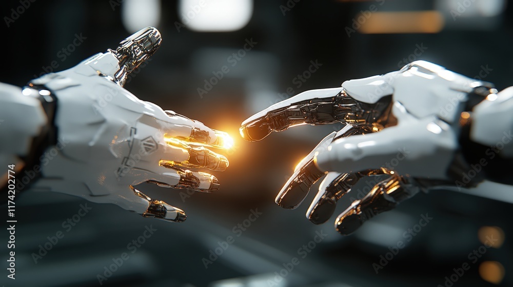 Poster Futuristic Robot Hands Reaching Towards Each Other, Symbolizing Connection and Technology in a Sci-Fi Inspired Environment