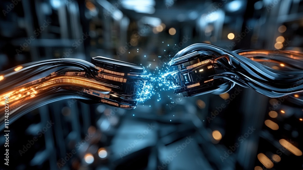 Aufkleber Futuristic Digital Connection Between Wires with Sparkling Energy in a High-Tech Environment, Representing Data Transfer and Technological Innovation
