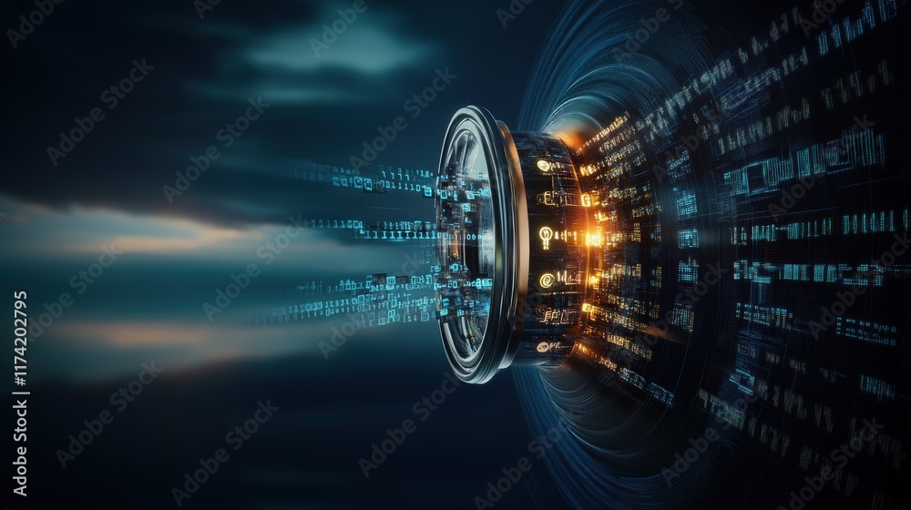 Aufkleber Futuristic Digital Portal Representing Data Transfer and Technology Advancements with Dynamic Binary Code Visuals in a Dark Atmospheric Setting