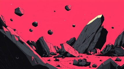 Pink Asteroid Field: Dark Rocks, Sci-Fi Landscape