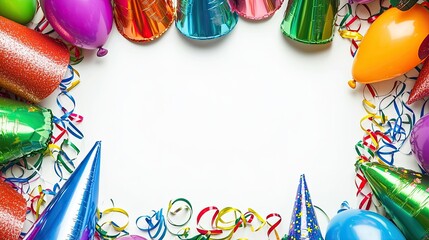 Obraz premium Colorful party decorations with balloons and hats framing a blank space for celebration messages.
