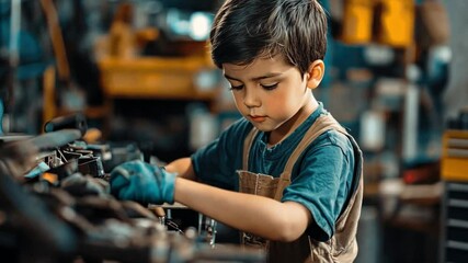 Boy learning car maintenance tips to enhance automotive efficiency