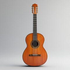 Obraz premium A classic acoustic guitar, wooden body, six strings, on a light grey background.