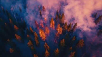 Naklejka premium Charred Forest Area with Vibrant Smoke and Color Scheme