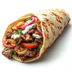 Grilled meat, tomatoes, onions, and creamy sauce in a pita bread.