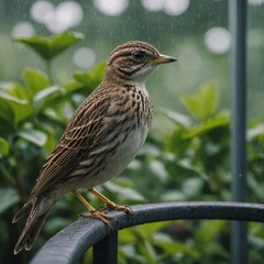 A skylark inside a glass aviary surrounded by lush greenery.