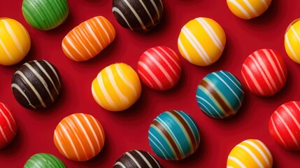 A vibrant assortment of striped candies sprawls across a bright red background, inviting everyone to enjoy their delightful sweetness with every colorful bite.