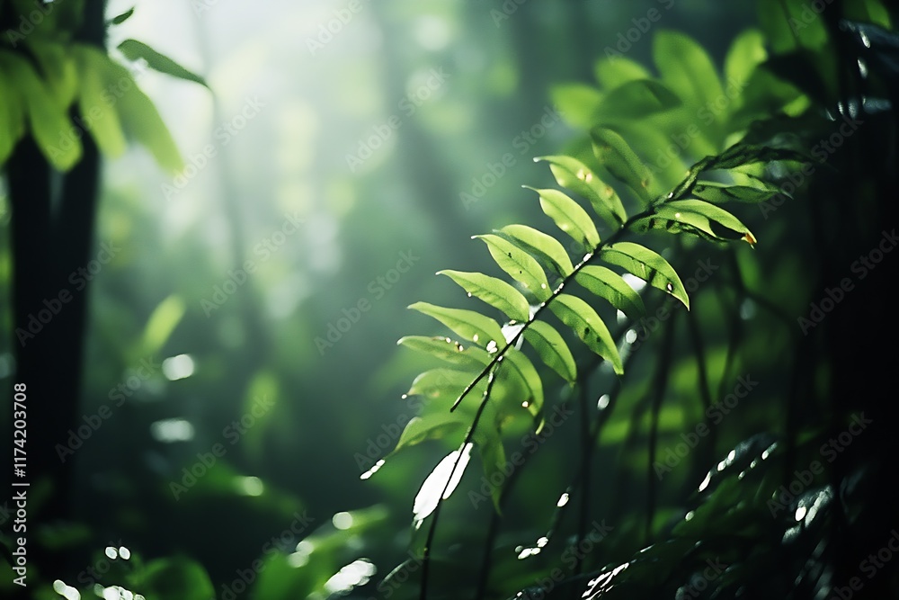 Aufkleber serene green ferns in a misty rainforest capturing the essence of tropical nature : generative ai