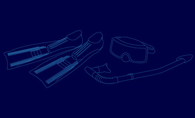 Blue image of a swimmer's gear, including goggles, flippers, and a snorkel. The image is a pixelated drawing of the gear, with each piece of equipment represented by a small dot