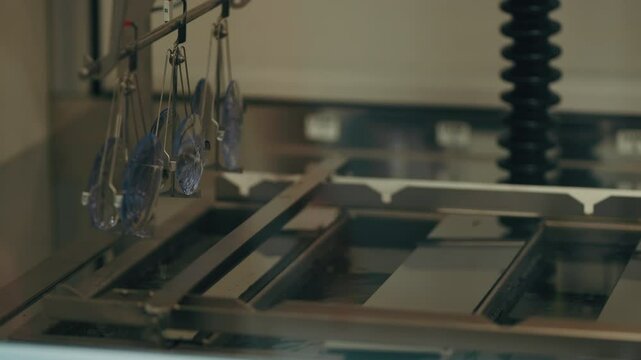 An automated manufacturing process in which eyeglass lenses are precisely dipped in and removed from a liquid. This process may be in preparation for coating, cleaning, or other surface treatment.