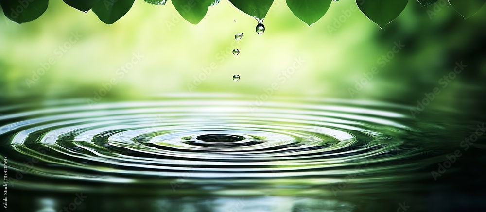 Poster Raindrop Creating Ripples in a Calm Pond Surrounded by Green Foliage : Generative AI
