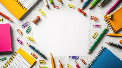 A colorful arrangement of stationery items surrounding a blank sheet of paper.