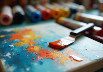 Bright colors mix on a painter's palette during an art session in a studio
