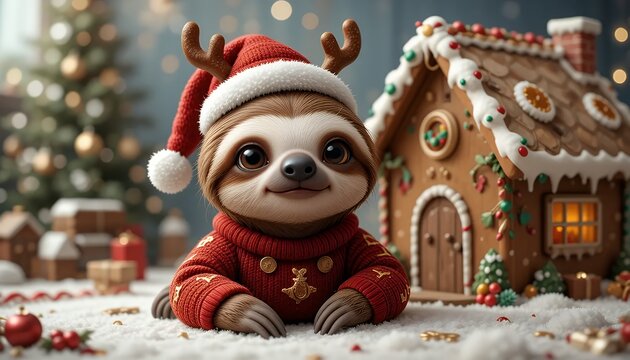 Adorable Sloth in Santa Hat and Sweater Posing with Gingerbread House for Christmas Holiday Season - Powered by Adobe