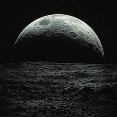 A breathtaking view of the moon's surface, craters and texture, set against a starlit sky.