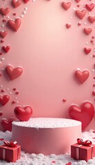 Valentine's Day Product Promotion: Cylindrical Podium on Snowy Stage with Burgundy Hearts and Gifts, vertical orientation.
