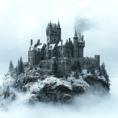 Fototapeta premium A majestic stone castle sits atop a snow-covered mountain peak shrouded in mist, exuding an air of mystery and ancient power.