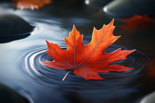 Brilliant Orange Maple Leaf Adrift on Clear Reflective Water in Serene Natural Stream During Autumn Season : Generative AI - Powered by Adobe