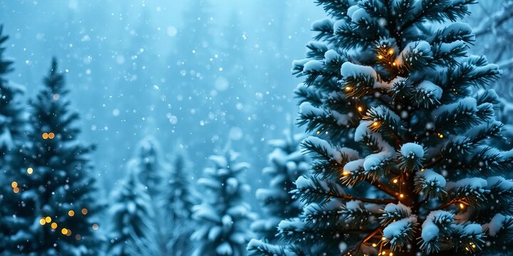 Snow-covered pine trees in a winter wonderland with a blanket of white snow and twinkling lights, pine trees, Christmas