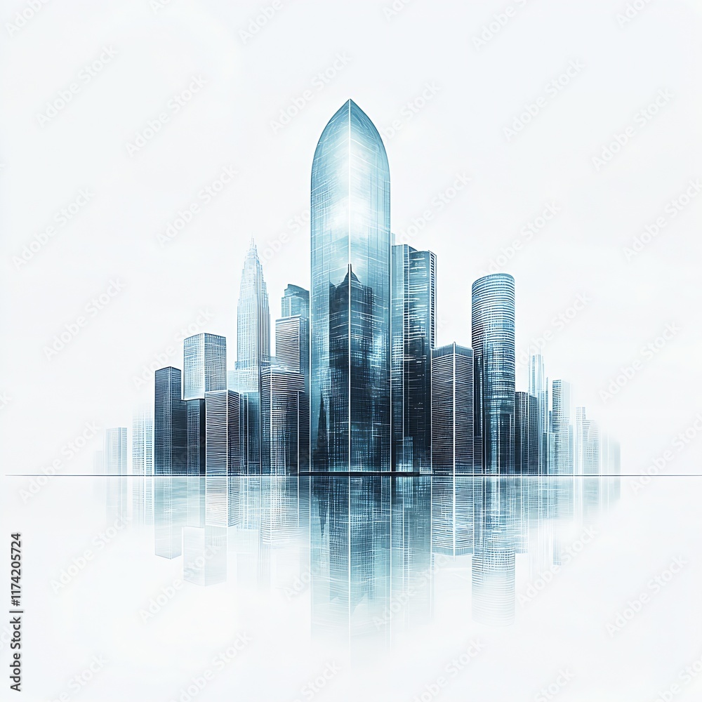 Aufkleber innovative futuristic cityscape with reflective skyscrapers in ethereal blue hues on a minimal backg