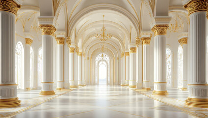 Obraz premium Grand palace hall with white columns and gold accents.