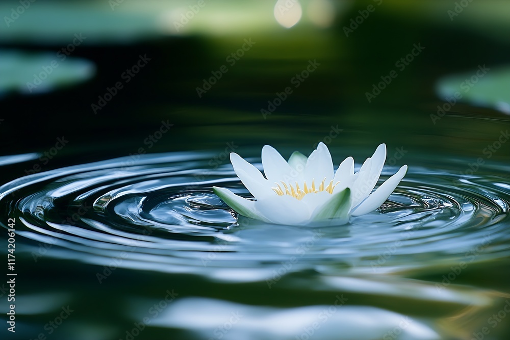 Poster delicate white lily bloom floating on tranquil rippling pond water : generative ai