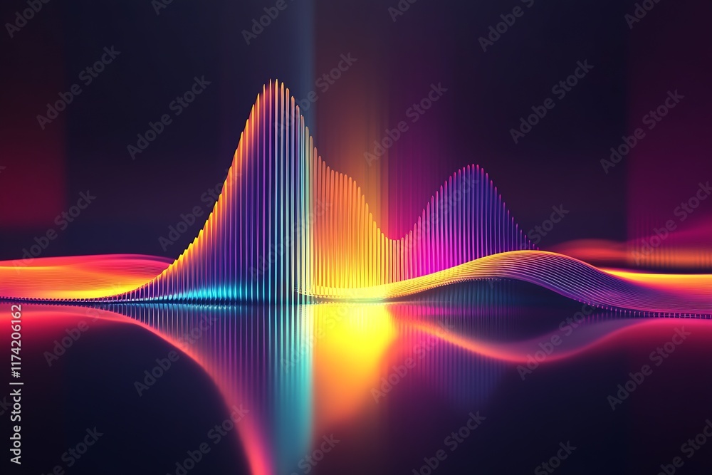 Poster colorful digital art soundwave pattern with neon lights and reflections : generative ai