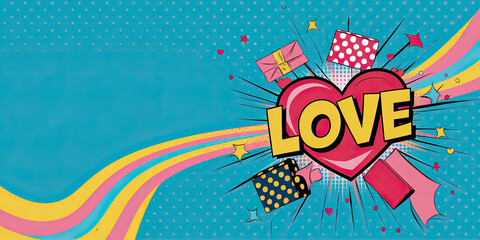 Obraz premium Colorful Pop Art Heart with LOVE Text Gifts and Burst Design Perfect for Valentine s Day