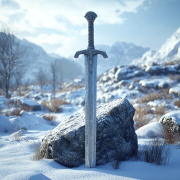 A frosty, ornate sword stands planted in a snowy, rocky landscape, evoking a sense of ancient mystery and adventure.
