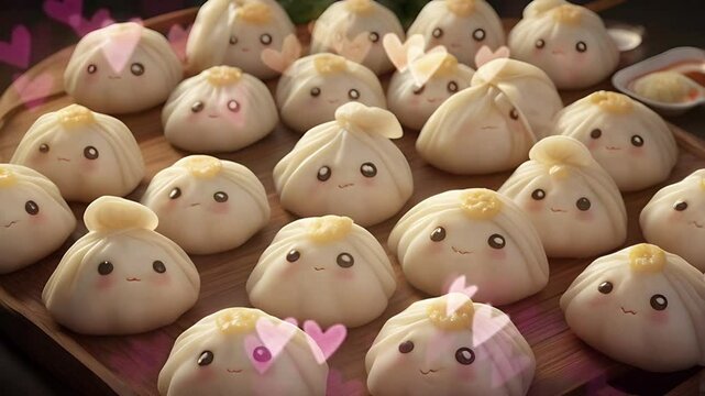 Cute food character Xiao Long Bao or soup dumpling with Chinese cuisine concept. Seamless 4K looping timelapse video animation background