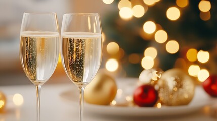 Elegant Champagne Toast for Festive Occasions with Shimmering Golden Bokeh Lights : Generative AI