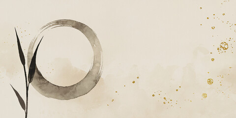 Elegant Watercolor Background with Zen Circle Botanical Elements and Gold Splashes