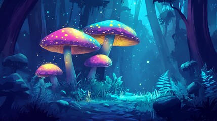 Glowing Mushrooms Illuminate A Dark Fantasy Forest