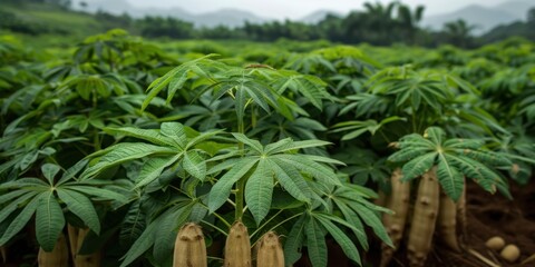 Obraz premium Green Cassava Plants in a Lush Field