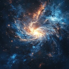 Fototapeta premium A mesmerizing spiral galaxy with vibrant blue and orange hues, studded with countless stars in a vast, dark space.