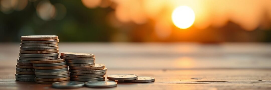 Stack of coins diminishing against sunset sky symbolizing financial loss, coins, concept