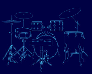 Blue drawing of a drum set with a blue background. The drums are shown in a stylized way, with the snare drum in the center and the bass drum on the right. The cymbals are shown as well