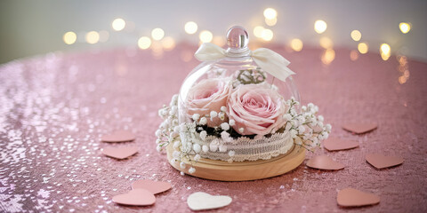 Romantic Pink Roses Under Glass Dome on Glittery Hearts Background