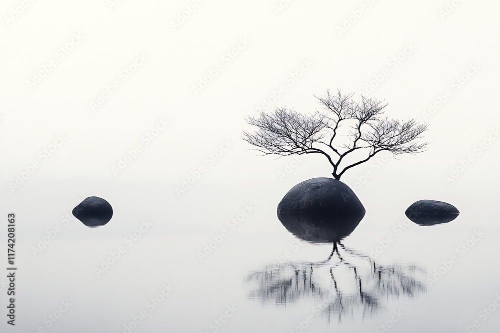 Aufkleber solitary tree on island reflecting in tranquil waters creating a zen ambiance : generative ai