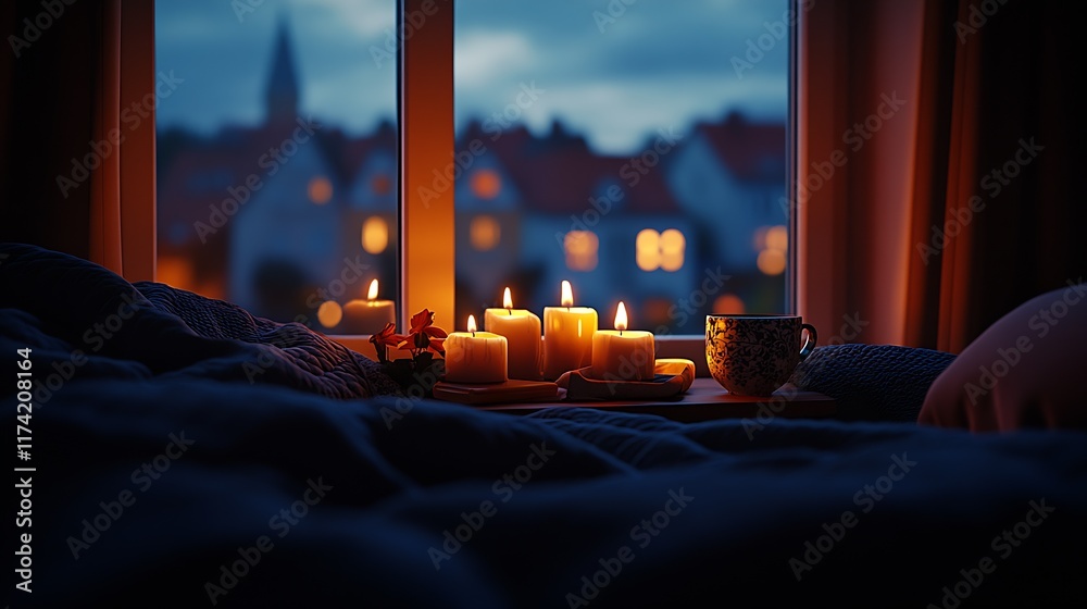 Poster cozy evening with candles by the window overlooking cityscape at dusk : generative ai