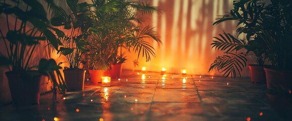 Warm-lit pathway with potted plants and candles.