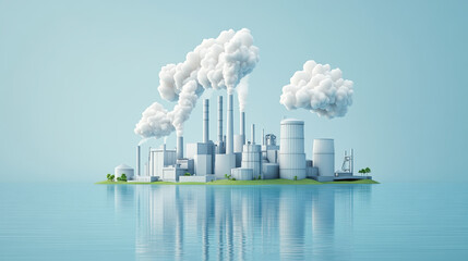 A white factory with smokestacks emitting clouds of steam, standing on an island in the middle of a body of water, with a simple background