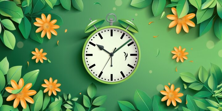 Green Leaves and Flowers with Clock Illustration