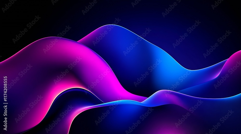 Aufkleber vibrant abstract waves in neon blue and pink hues on a dark background with smooth curves and gradie
