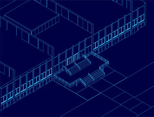 The image is a blue drawing of a school building with a staircase leading up to the front entrance. The building is a large, modern structure with many windows and a sleek design